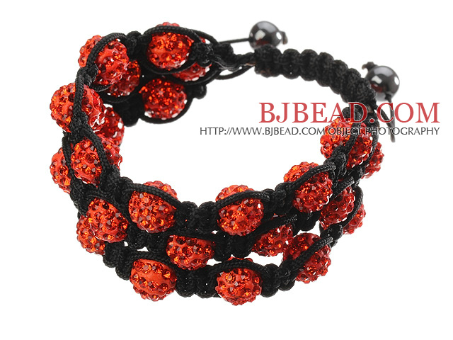 Popular Multilayer Orange Round Polymer Clay Rhinestone And Braided Black Drawstring Bracelet