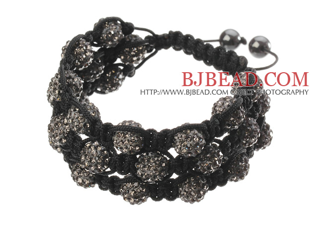 Popular Multilayer Blackish Grey Round Polymer Clay Rhinestone And Braided Black Drawstring Bracelet