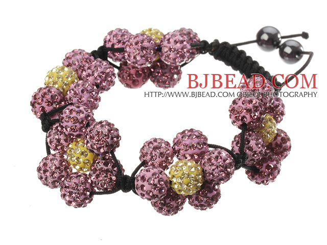 Popular Pink And Yellow Round Polymer Clay Rhinestone Five Combination Flowers And Braided Black Drawstring Bracelet