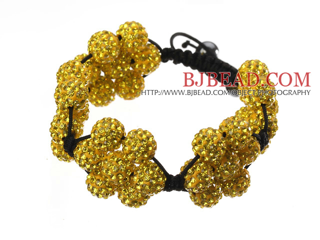 Popular Yellow Round Polymer Clay Rhinestone Five Combination Flowers And Braided Black Drawstring Bracelet