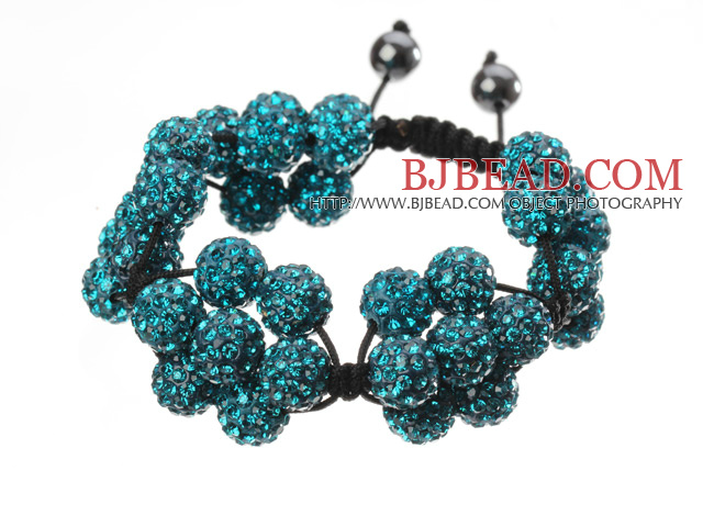 Popular Blue Round Polymer Clay Rhinestone Five Combination Flowers And Braided Black Drawstring Bracelet