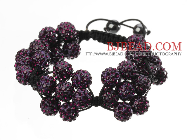 Popular Purple Round Polymer Clay Rhinestone Five Combination Flowers And Braided Black Drawstring Bracelet
