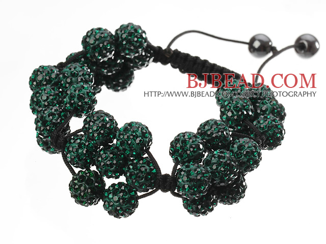 Popular Dark Green Round Polymer Clay Rhinestone Five Combination Flowers And Braided Black Drawstring Bracelet