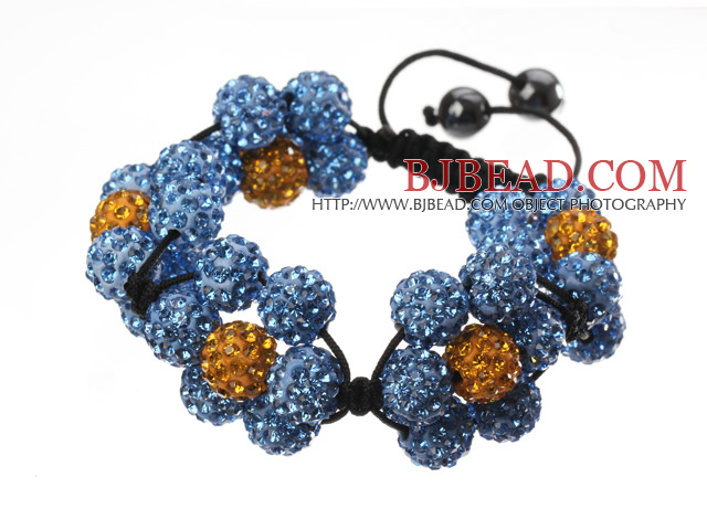 Popular Blue Yellow Round Polymer Clay Rhinestone Five Combination Flowers And Braided Black Drawstring Bracelet