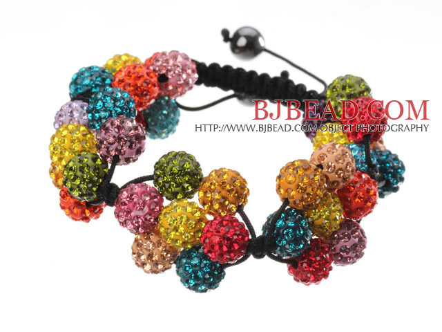 Popular Multi Colorful Round Polymer Clay Rhinestone Five Combination Flowers And Braided Black Drawstring Bracelet