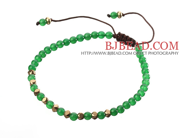 Fashion 4mm Round Green Jade And Golden Spacers Braided Brown Drawstring Bracelet
