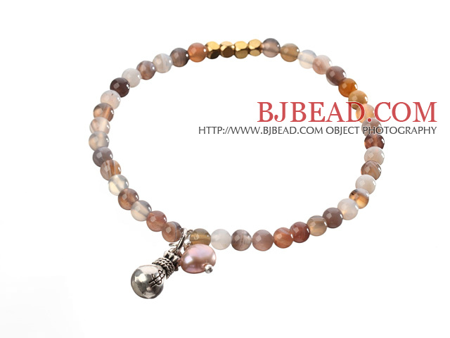 Nice Round Persian Agate And Copper Spacer Purse Charm Beaded Elastic Bracelet