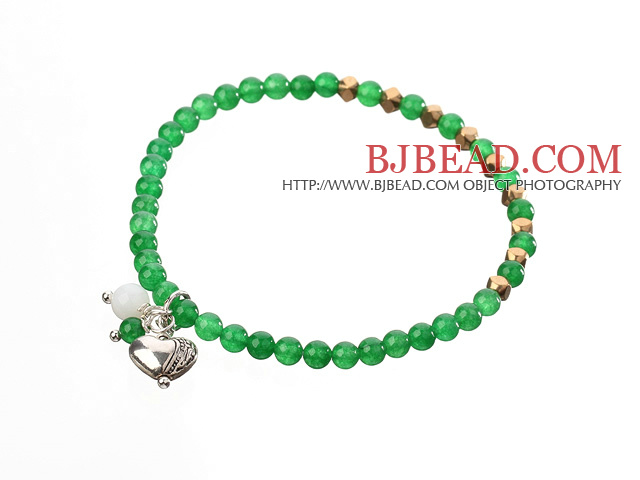 Nice Round Green Jade And Copper Spacer Heart Charm Beaded Elastic Bracelet