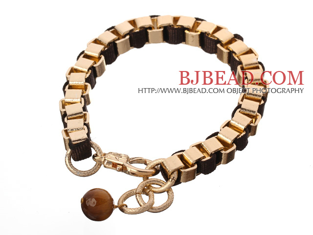 Fashion Simple Style Golden Link Charm Bracelet With Lobster Clasp And Round Jade