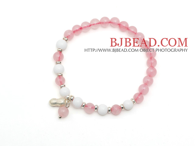 Lovely Simple Style Single Strand Round Rose Quartz Elastic Bracelet with White Sea Shell and 925 Sterling Silver Peanut Accessory