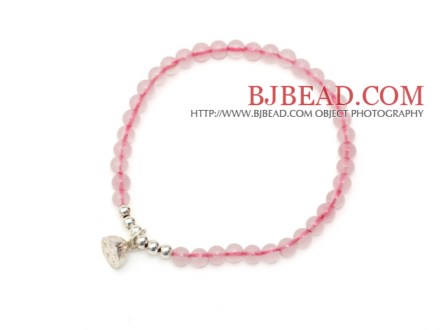 Lovely Simple Style Single Strand Round Rose Quartz Stretchy Bracelet with 925 Sterling Silver Lotus Seedpod Accessory