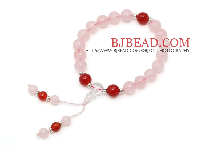 Lovely Single Strand Round Rose Quartz Elastic Bracelet with Carnelian and Clear Crystal Prayer Beads