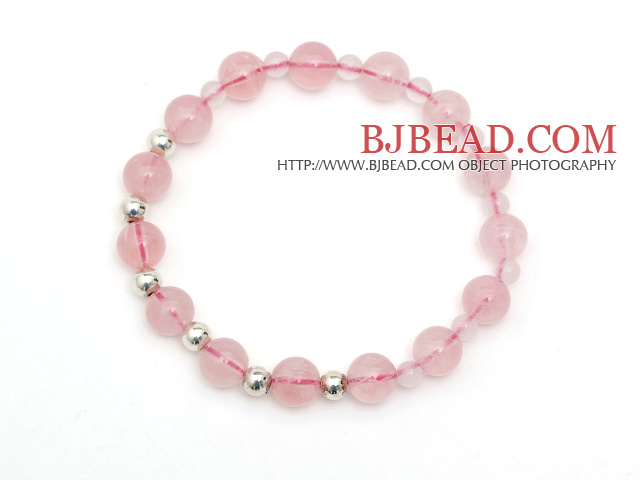Lovely Simple Style Single Strand Round Rose Quartz Stretchy Bracelet with 925 Sterling Silver Beads