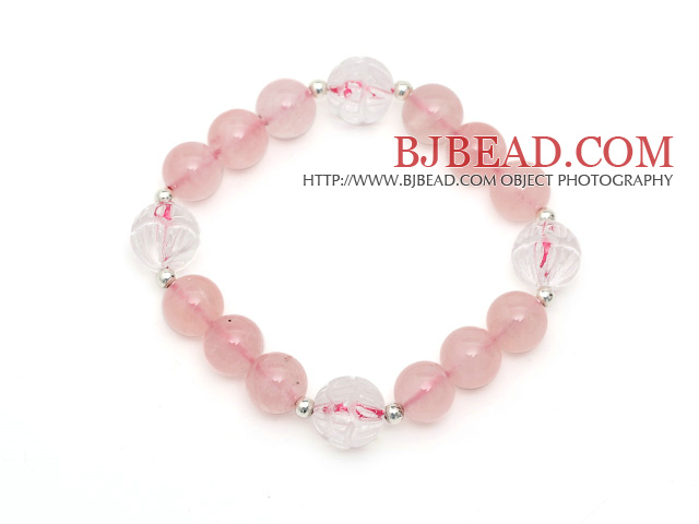 Lovely Style Single Strand Round Rose Quartz Elastic Bracelet with Clear Ctystal Lotus and Sterling Silver Beads