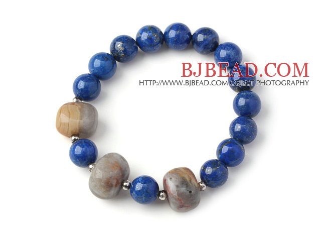 Trendy Single Strand Round Lapis Beads Bracelet with Crazy Lace Agate Beads