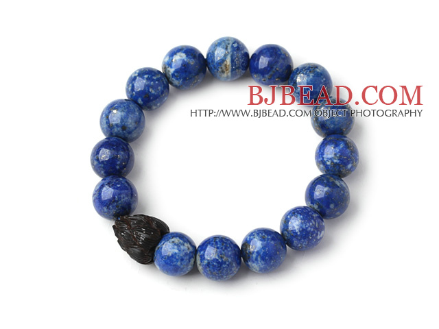 Trendy Single Strand 12mm Round Lapis Beads Bracelet with Wood Lotus Accessory
