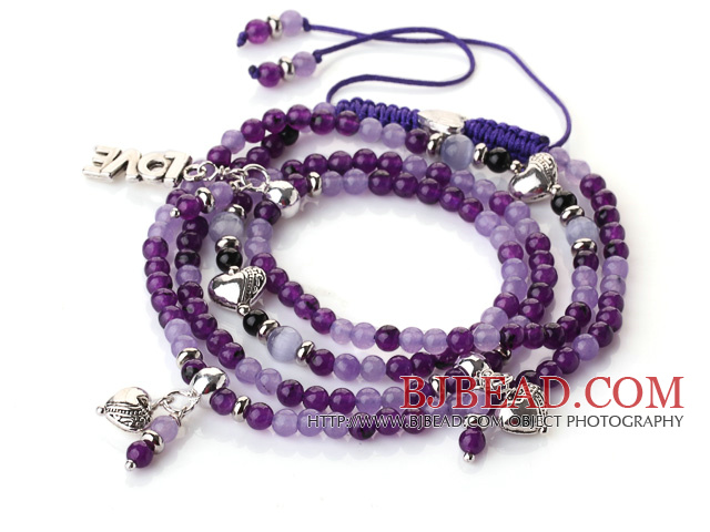 New Amazing Multi Layer Round Purple Jade Bracelet with Heart Charm and Love Letter(can also be as necklace)