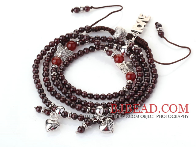 New Amazing Multi Layer Round Garnet Beaded Bracelet with Heart Charm and Love Letter(can also be as necklace)