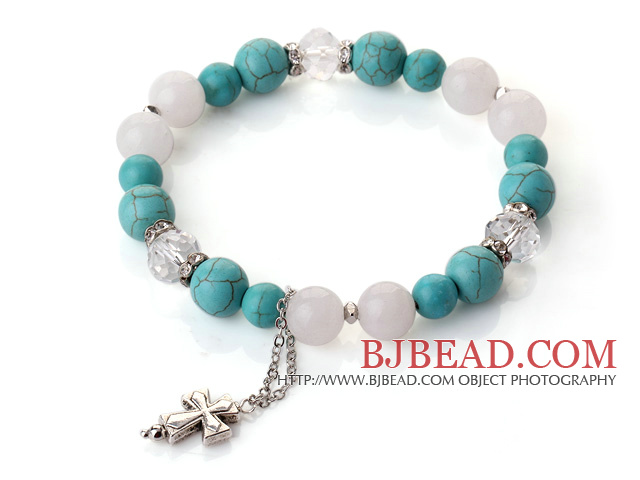 Fashion Simple Design Green Turquoise White Jade and Clear Crystal Bracelet with Cross Accessory