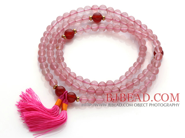 Trendy Multi Layer Round Cherry Quartz Beads Bracelet with Carnelian Beads and Pink Tassel(can also be worn as necklace)