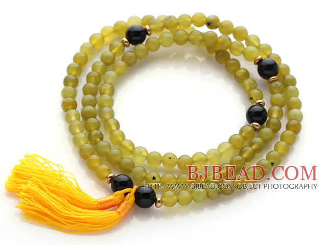 Trendy Multi Layer Round Soouth Korean Jade Beads Bracelet with Black Agate Beads and Yellow Tassel(can also be worn as necklace)