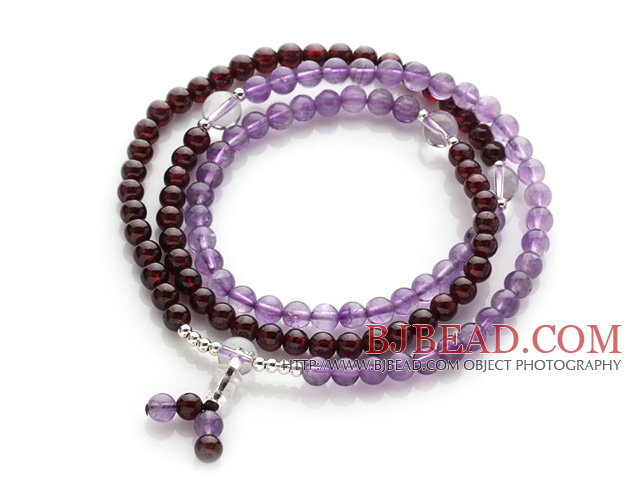 Beautiful Wrap Round Amethyst and Garnet Beads Rosary Bracelet with Clear Ctystal Beads(can also be worn as necklace)