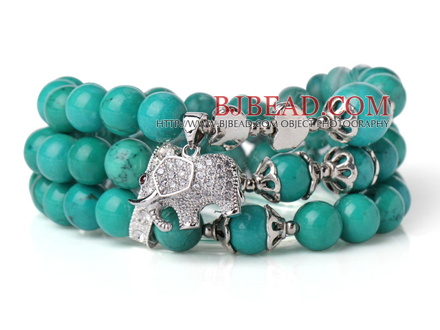 Amazing Hot Three Strands Round Green Turquoise Beads Bracelet with Lucky Elephant Accessory