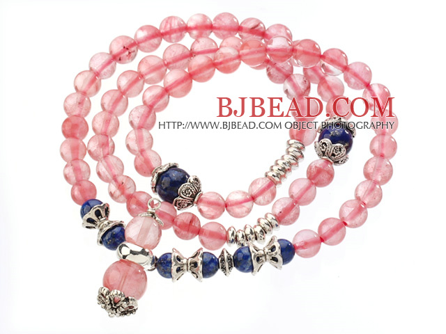 Pretty Three Strands Round Cherry Quartz Bracelet with Lapis Beads and Tibet Silver Accessory