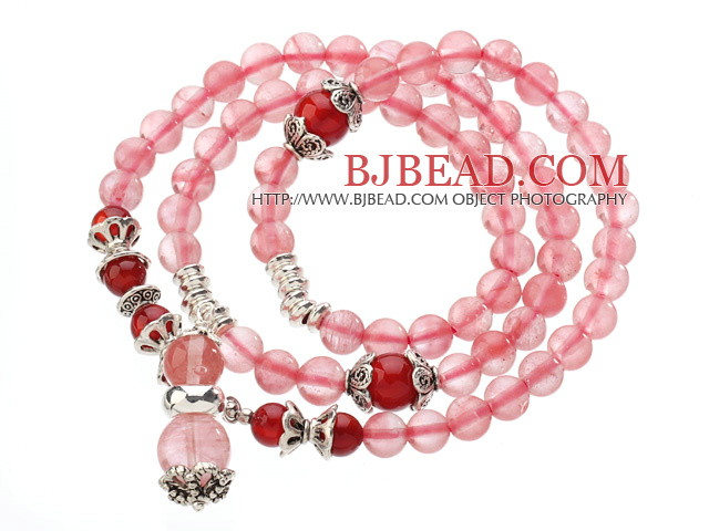 Pretty Three Strands Cherry Quartz Beads Bracelet with Carnelian and Tibet Silver Accessory