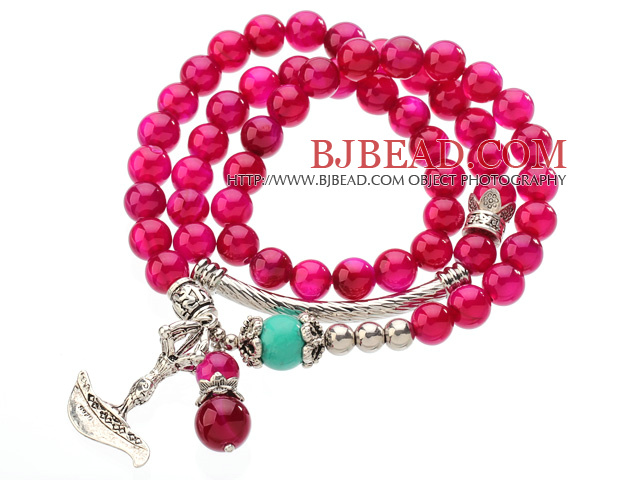 Pretty Three Strands Round Rose Color Aagte Beads Bracelet with Turquoise and Amulet Accessory