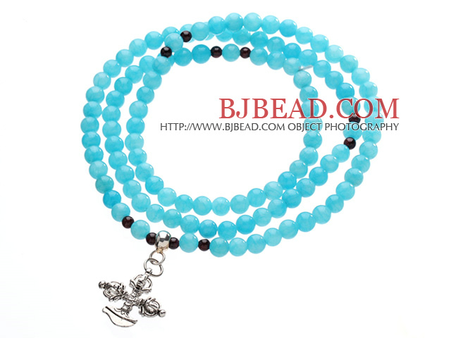 Classic Design Multi Strands Round Blue Jade Beads Amulet Bracelet With Metal Cross Charm