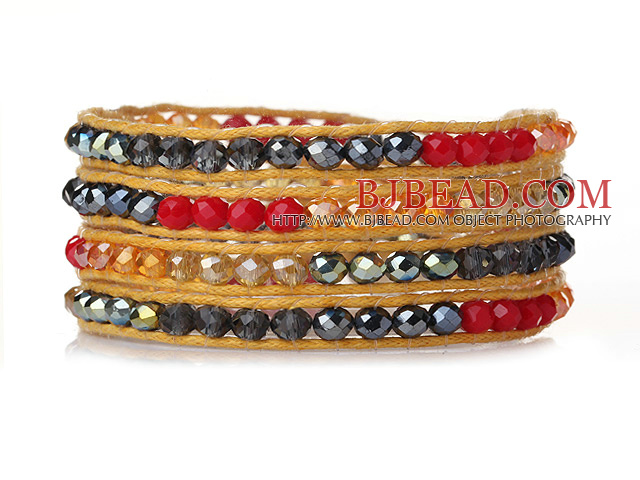 Amazing Fashion Multi Strands Red Crystal Woven Wrap Bangle Bracelet With Brown Wax Thread