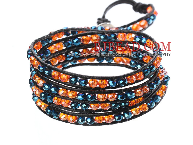 Amazing Fashion Multi Strands Orange Crystal And Deep Blue Crystal Beads Black Leather Woven Wrap Bangle Bracelet