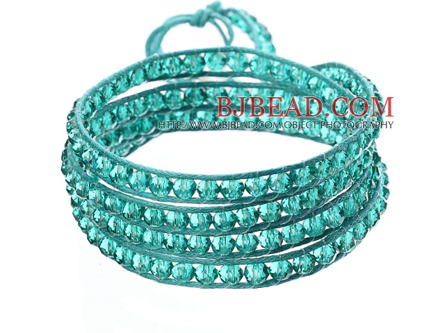 Amazing Fashion Multi Strands Lake Blue Crystal Beads Woven Wrap Bangle Bracelet With Lake Blue Wax Thread