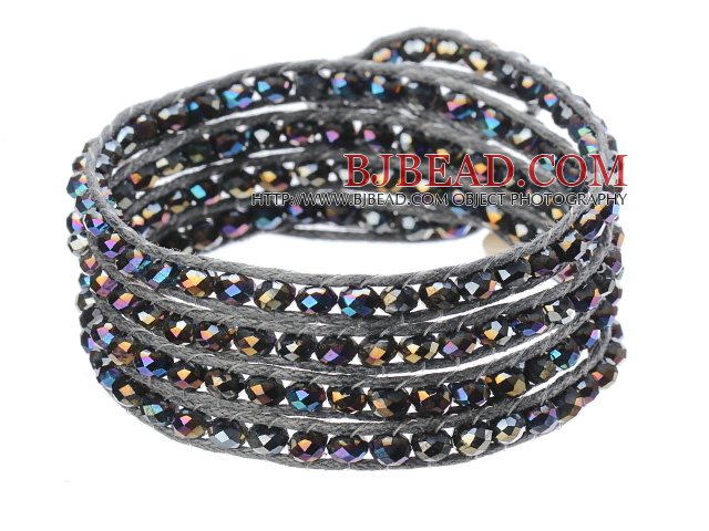 Amazing Fashion Multi Strands Black With Colorful Crystal Beads Woven Wrap Bangle Bracelet With Gray Wax Thread