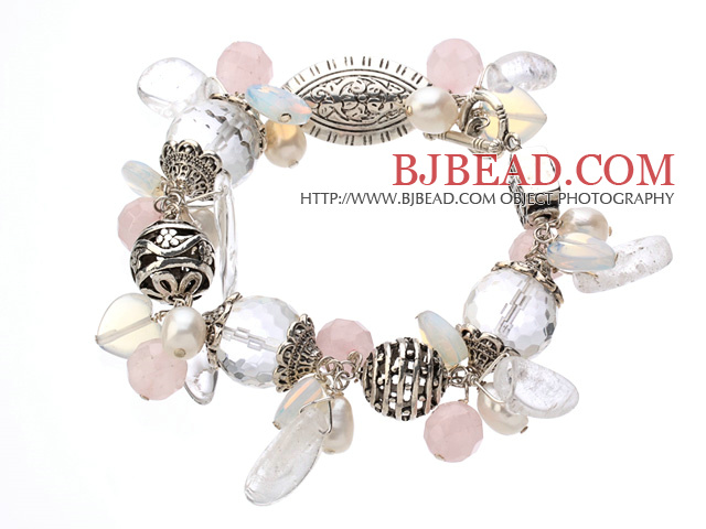 Vintage Style Clear Crystal Rose Quartz Opal Pearl And Tibet Silver Accessory Bracelet With Toggle Clasp