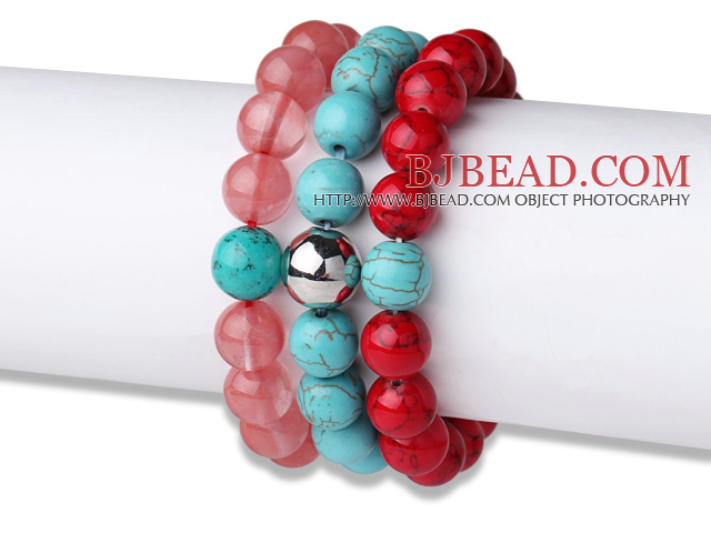 Lovely 3 pcs Round Cherry Quartz Turquoise and Red Bloodstone Beaded Elastic Bracelet with Heart Charm