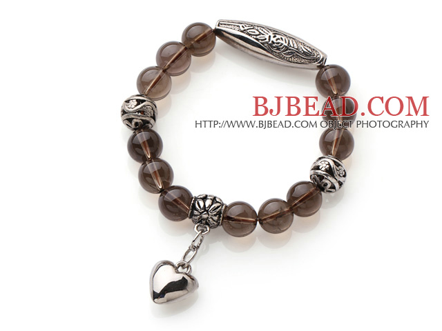 10mm Natural Round Smoky Quartz Beaded Elastic Bracelet with Thai Silver Accessory