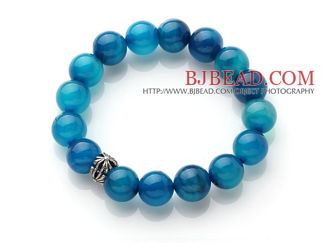 Pretty 12mm Single Strand Round Blue Agate Beaded Stretchy Bracelet