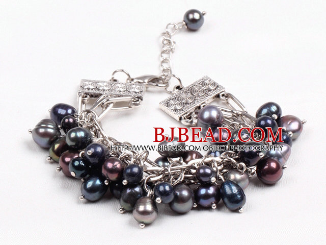 Fashion Multi Strand Natural Black Freshwater Pearl Charm Bracelet