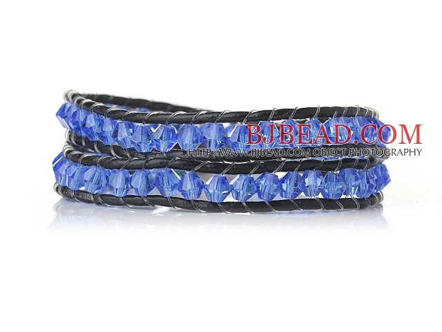Trendy Design Two Strands Blue Manmade Crystal Beads Bracelet with Black Leather