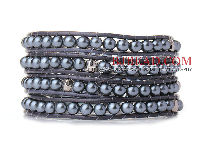 Popular Style Multi Strands Round Black Acrylic Pearl Beads Bracelet with Grey Leather
