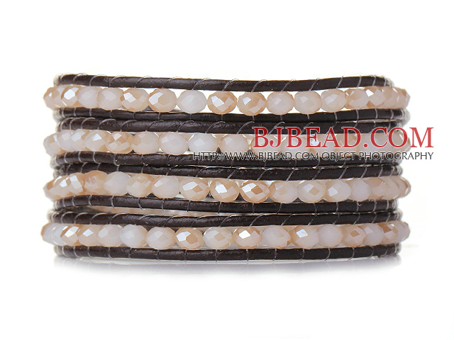 Popular Style Multi Strands Pink Jade-Like Crystal Beads Bracelet with Dark Brown Leather