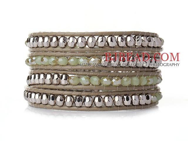 Popular Style Multi Strands Green Jade-Like Crystal Beads Bracelet with Leather