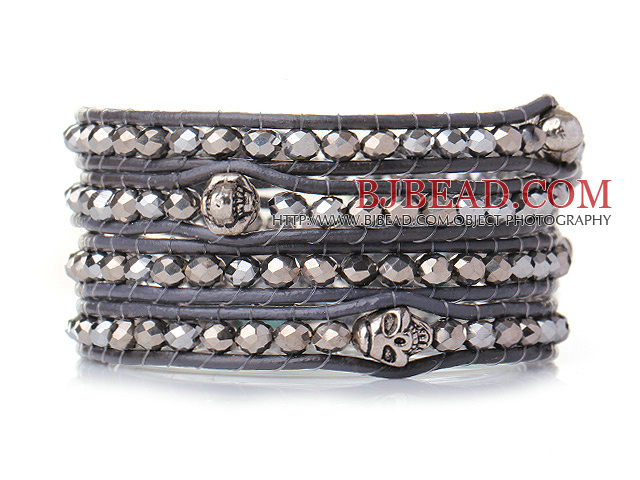 Popular Style Multi Strands Grey Manmade Crystal Beads Bracelet with Grey Leather and Skull Charm