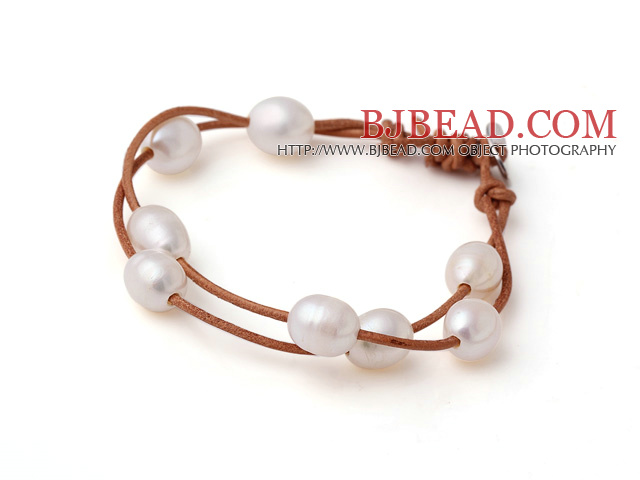 Trendy Lovely Design 2 Strands White Freshwater Pearl Bracelet with Brown Leather