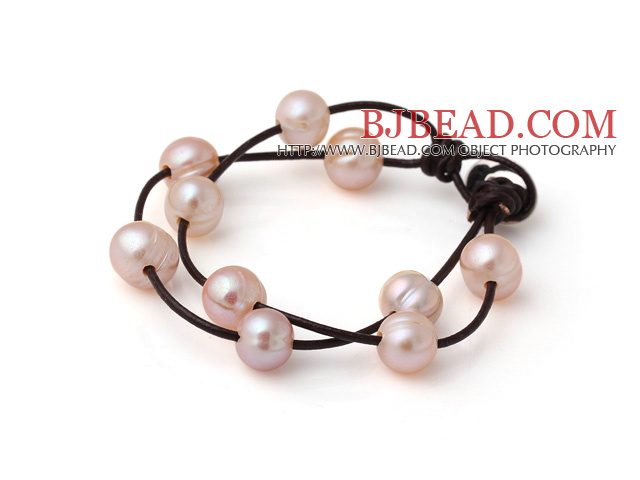 Trendy Lovely Design 2 Strands Pink Freshwater Pearl Bracelet with Dark Brown Leather