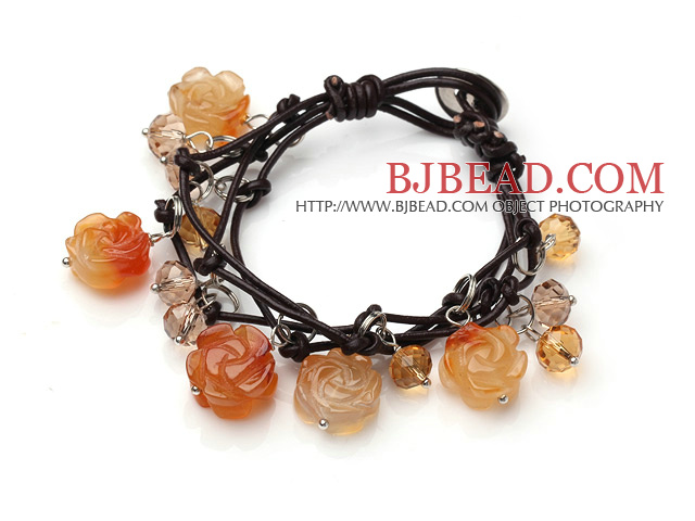 Vintage Style Flash Pink Flower Shape Crystallized Agate Charm Bracelet With Brown Leather
