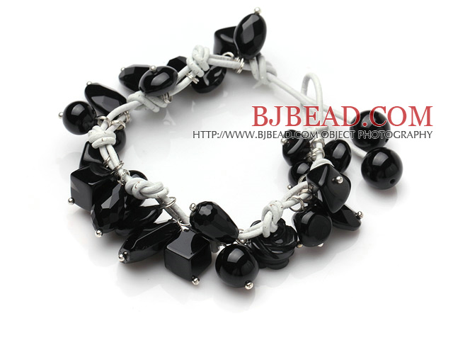 Summer Fashion Black Agate Charm Bracelet With White Leather