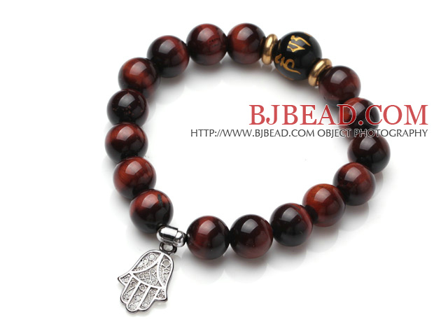 Classic Design Red Tiger Eye Stone Elastic Bracelet With Hollow Out Hand Shape Charm